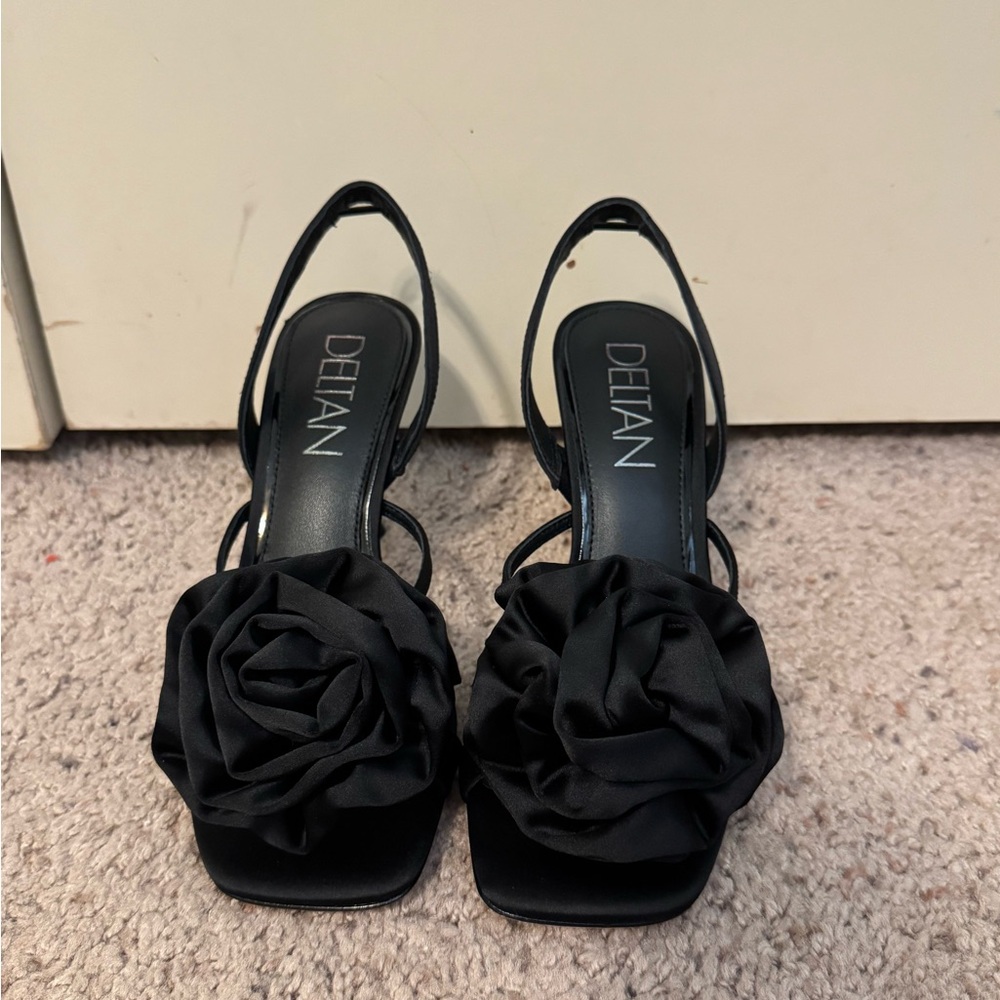 DEITAN Black Women's Heels with Floral Accent